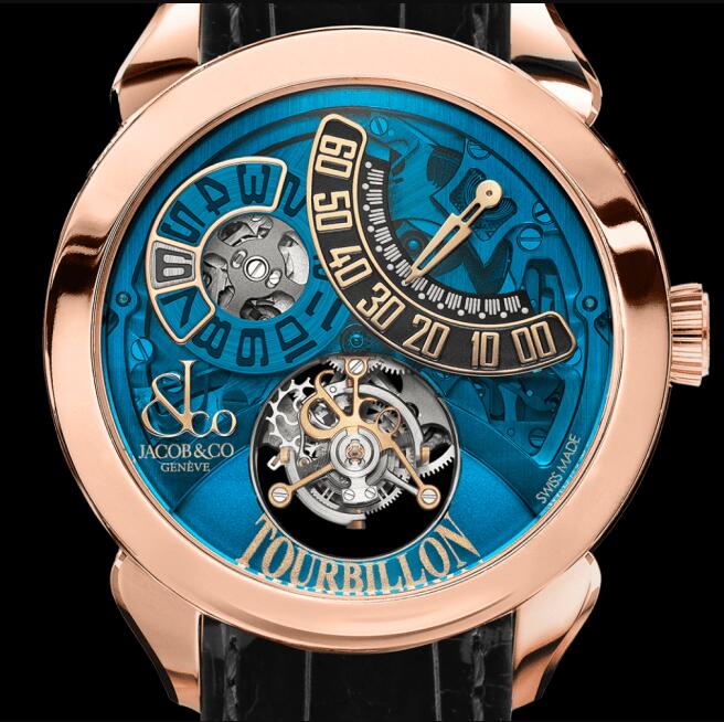 Jacob & Co PT520.24.NS.QB.A PALATIAL FLYING TOURBILLON JUMPING HOURS ROSE GOLD (BLUE MINERAL CRYSTAL) Replica watch